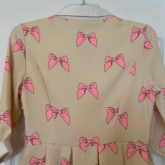 Power Sweet Bow Print Collar Pink Tan Bow Dress - Picture 11 of 15